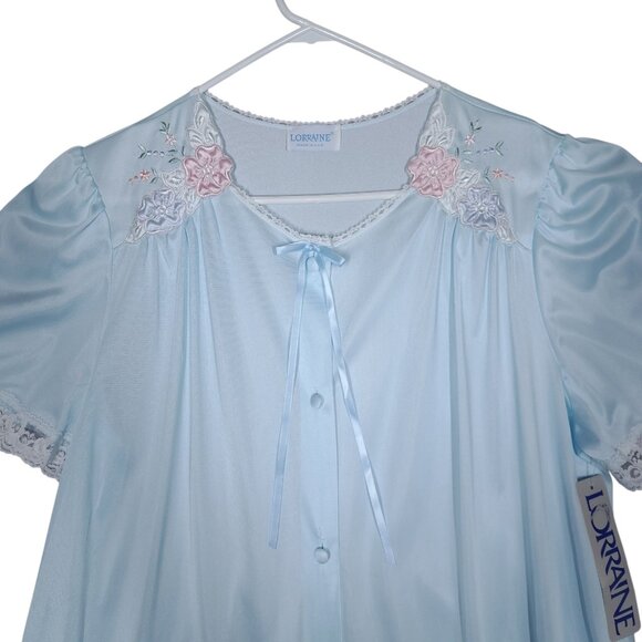 Vintage Lorraine Nylon Nightgown Robe Peignoir Sz Large Embroidered Blue 70s NEW - Picture 2 of 10